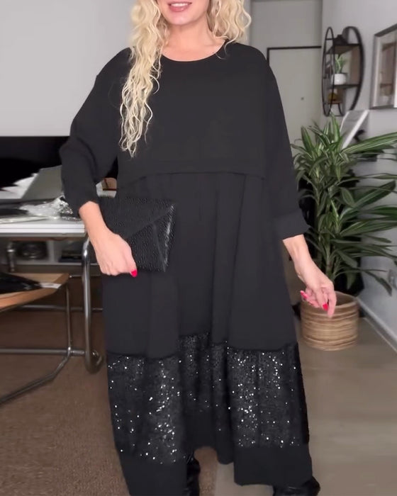 Round Neck Sequin Patchwork Loose Dress