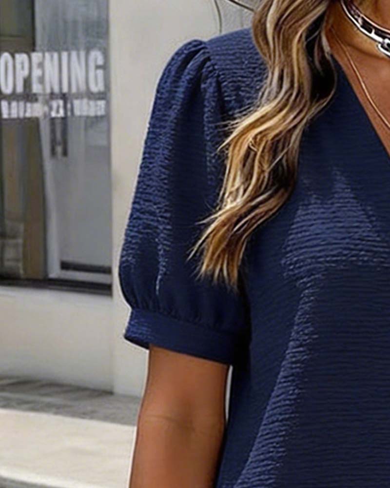 Bubble Sleeve V-Neck Button Dress