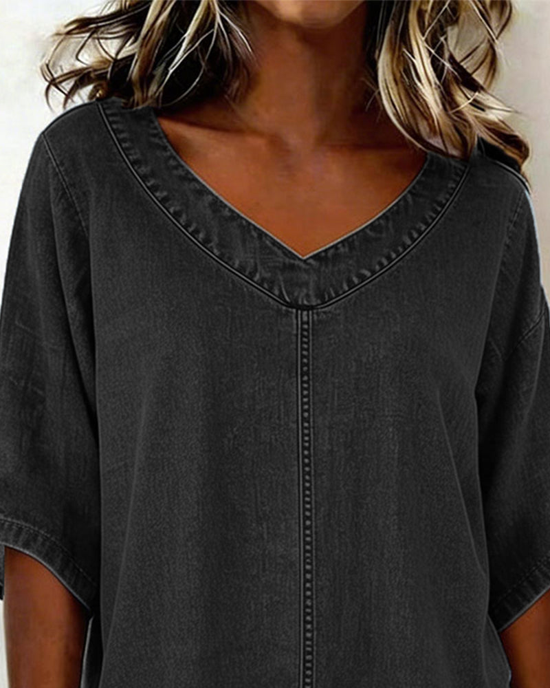 V-Neck Casual Denim Top