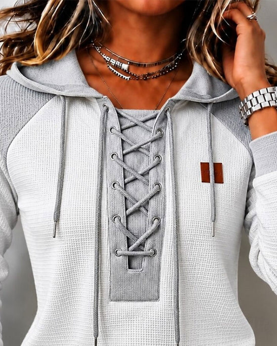 Hooded Lace-Up Spliced Hoodie