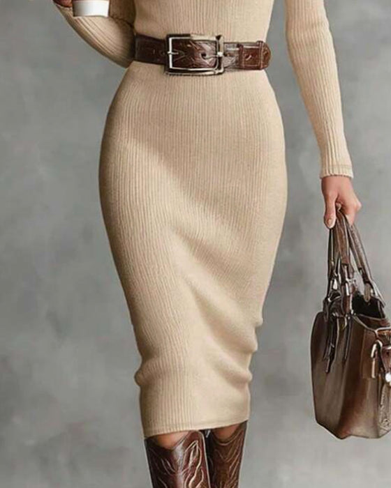Half-Open Turtleneck Ribbed Bodycon Sweater Dress