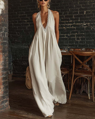 Deep V Sleeveless Wide-Leg Jumpsuit