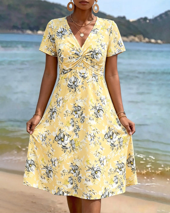 Floral V-Neck Twist Knot Dress