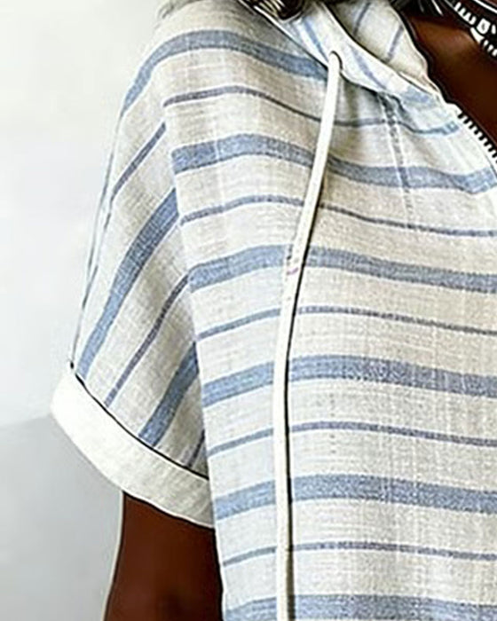 Striped Hooded Zip Short Sleeve Top