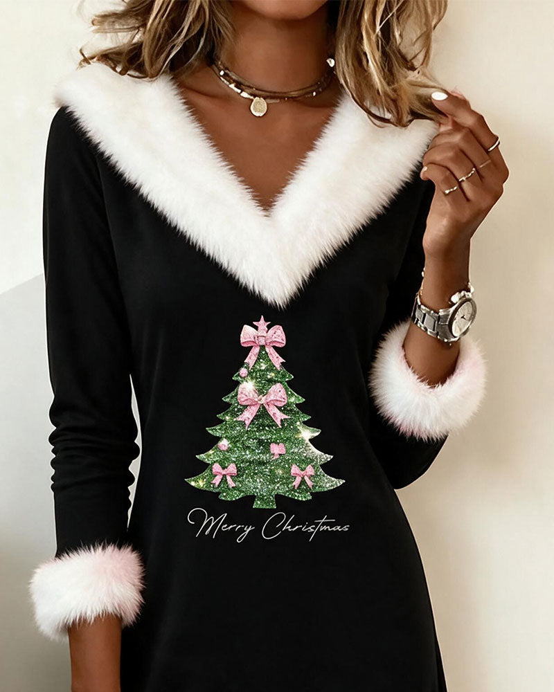 V-Neck Faux Fur Collar Slim-Fit Christmas Tree Dress