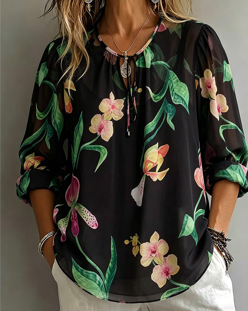 Lantern Sleeve Round Neck Tie Printed Blouse