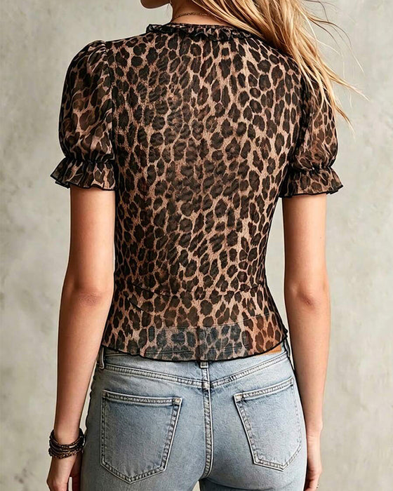 V-Neck Leopard Print Ruffle Puff Sleeve Blouse