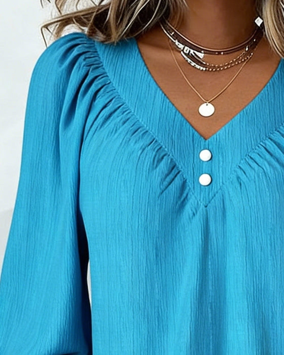 V-Neck Button-Down Ruffled Lantern Sleeve Top