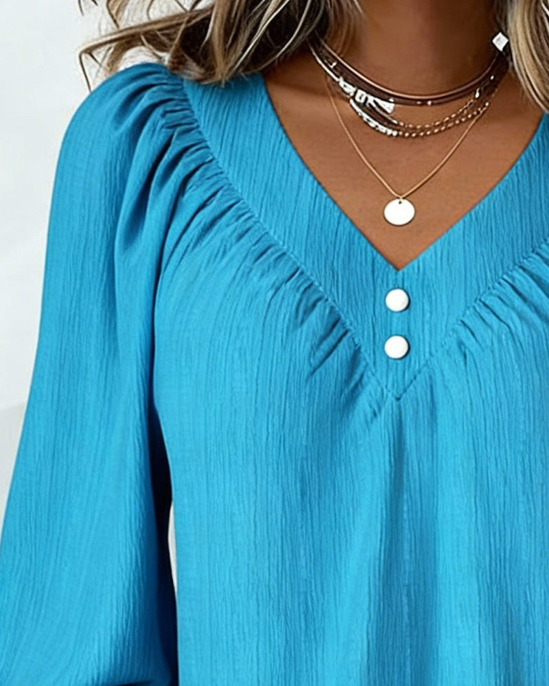 V-Neck Button-Down Ruffled Lantern Sleeve Top