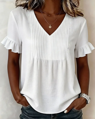 Ruffled V-Neck Short-Sleeved Blouse