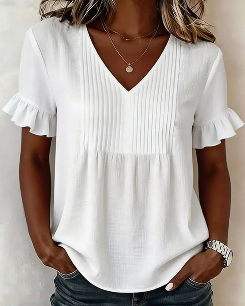 Ruffled V-Neck Short-Sleeved Blouse