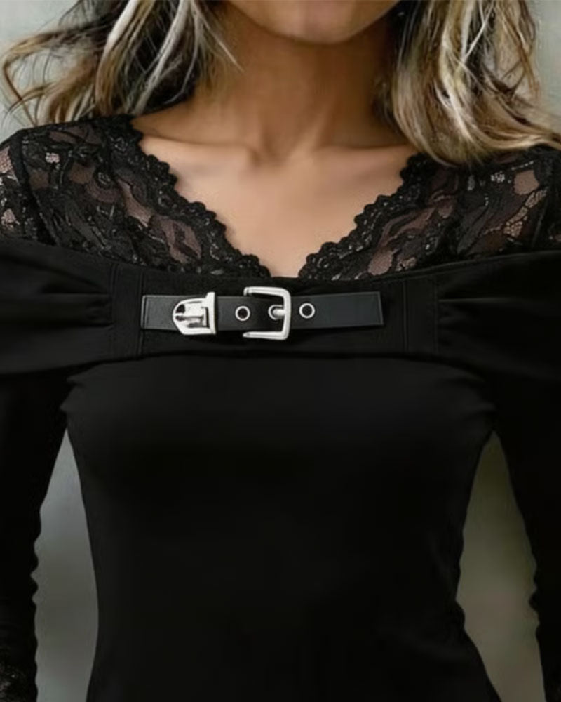 V-Neck Lace Panel Slim Blouse
