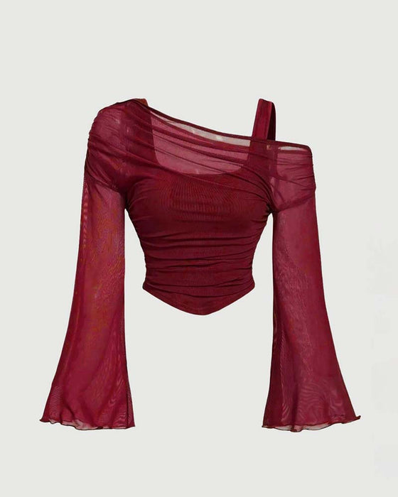 Mesh Ruffled Long Sleeve Cami Blouse