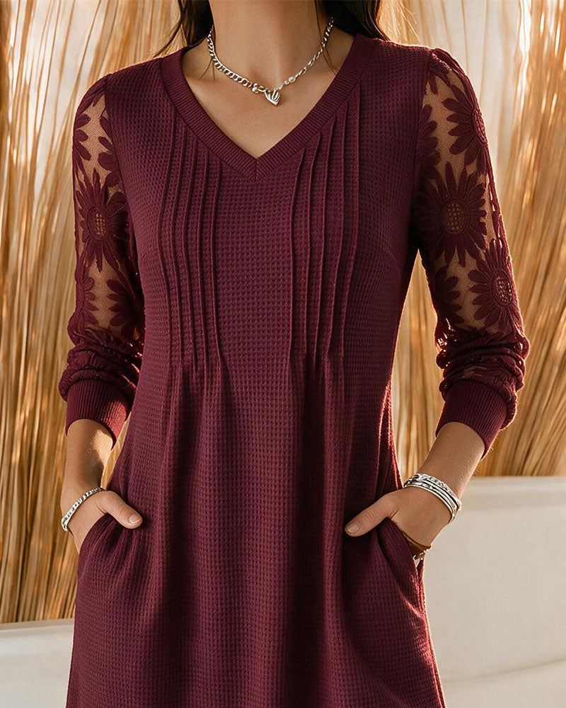 V-Neck Shirred Patchwork Dress