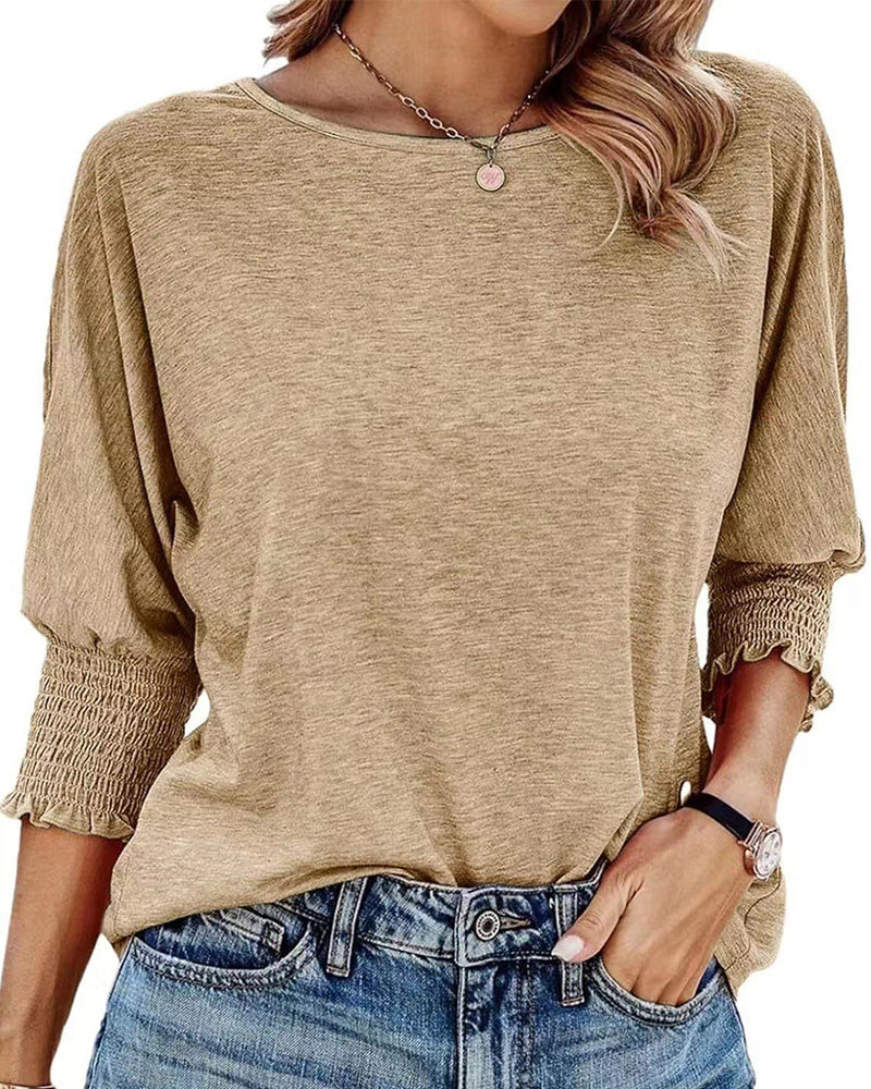 Loose Round Neck Shirred Cuff T Shirt