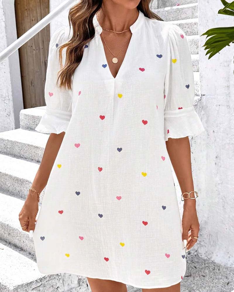 Colorful Heart Print V-Neck Dress