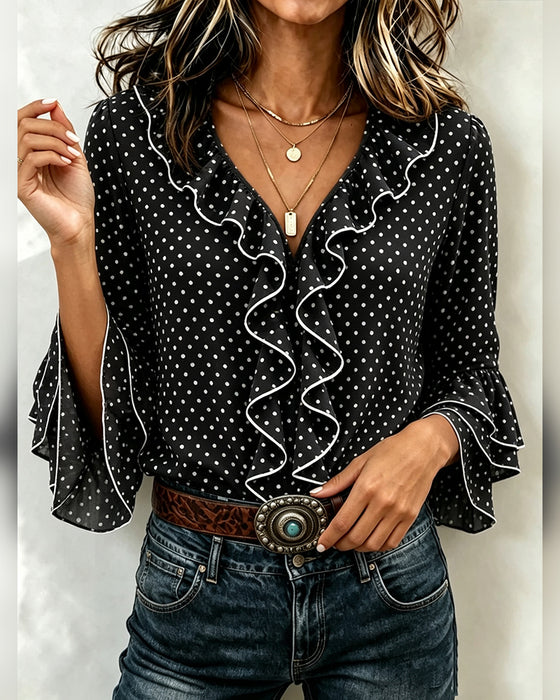 Polka Dot V-Neck Ruffle Flared Sleeve Top