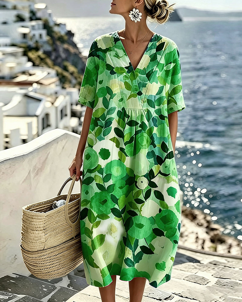Watercolor Floral V-Neck Dress