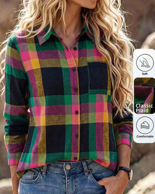 Collared Pocket Plaid Shirt Blouse