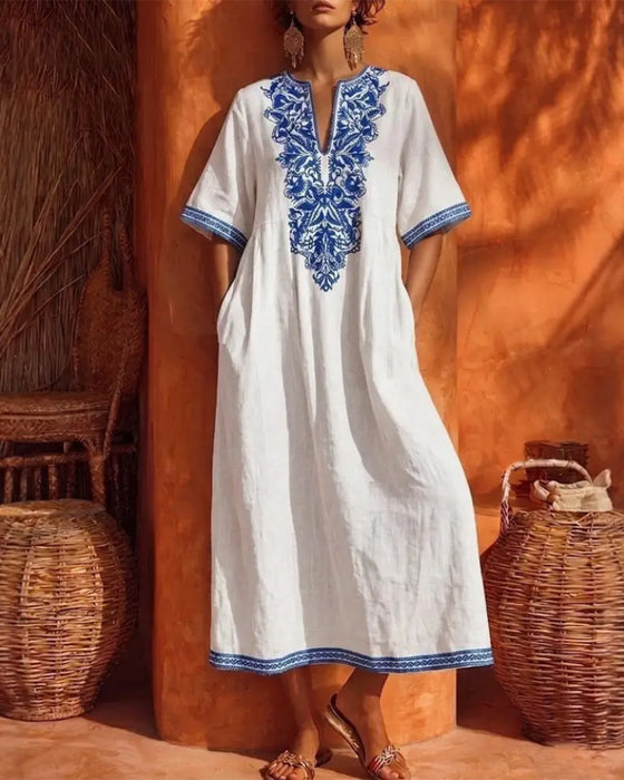 V-Neck Bohemian Full Skirt Pocket Dress