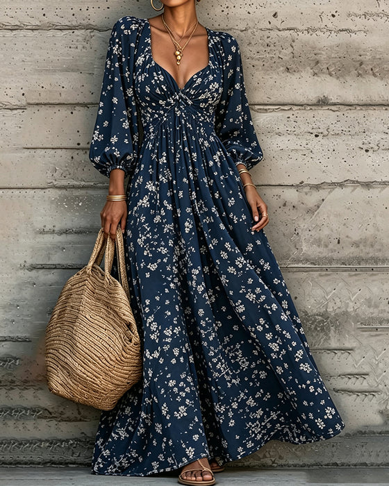 Ruched Floral Puff Sleeve Full Skirt Dress