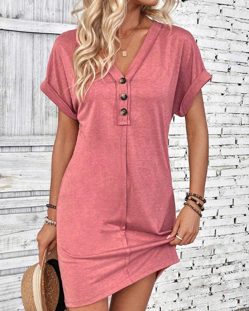 Versatile Buckle V-Neck Dress