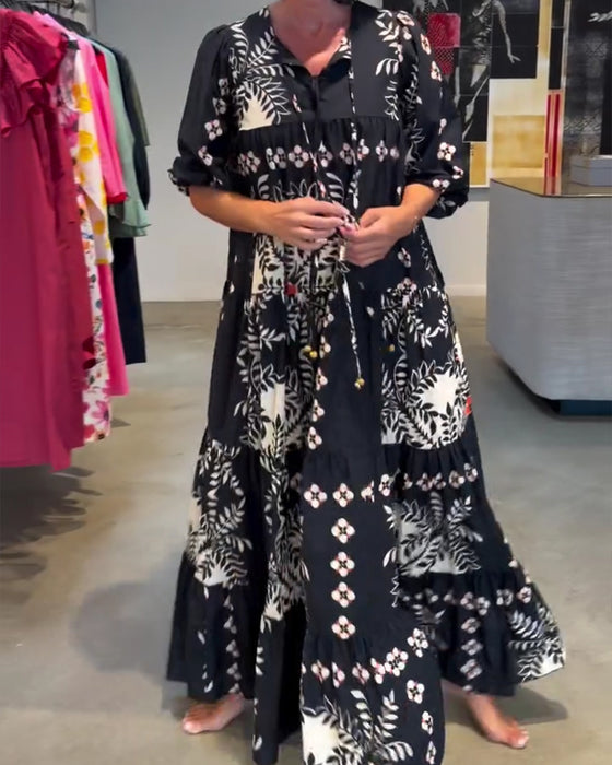 Tie Floral Full Skirt Vacation Maxi Dress
