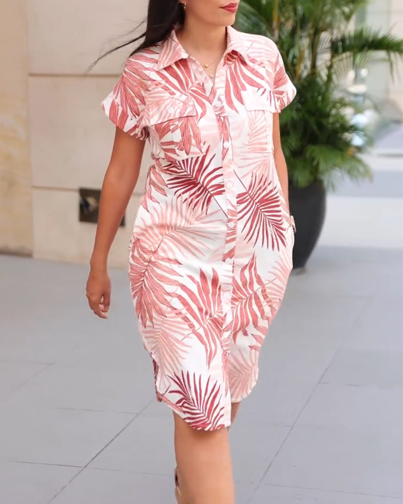 Lapel Leaf Short-Sleeved Shirt Dress