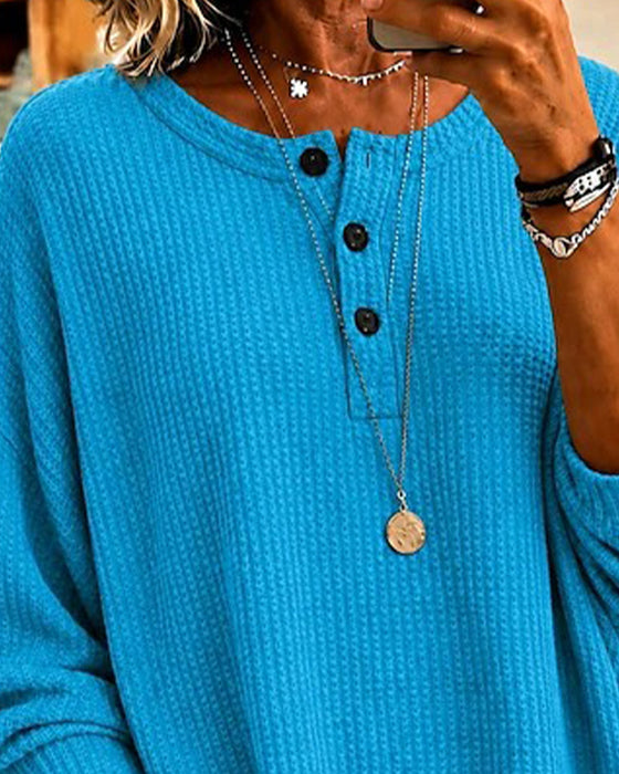 Waffle Crew Neck Loose Blouse