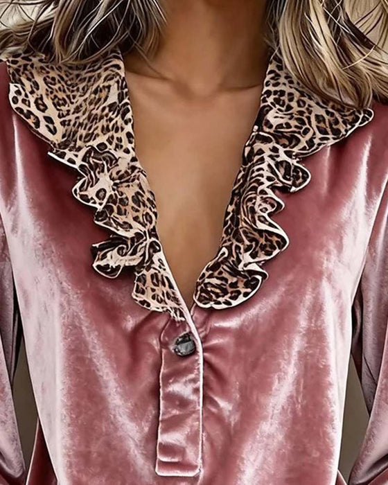 V-Neck Leopard Print Ruffle Sleeve Blouse