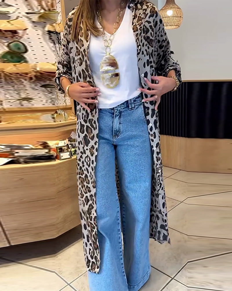 Leopard print long sleeve button long coat
