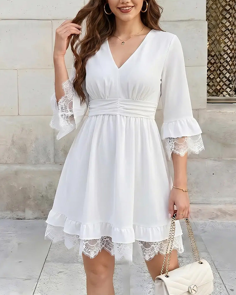 V-Neck Solid Lace Patchwork Dress