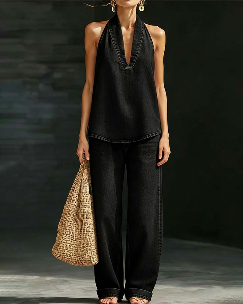 Fashion Halter Neck Denim Set