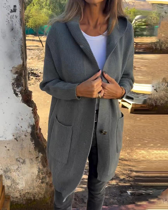 Casual solid color button pocket hooded cardigan