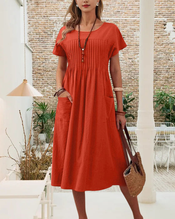 Pleated Short Sleeve Cotton And Linen Dress