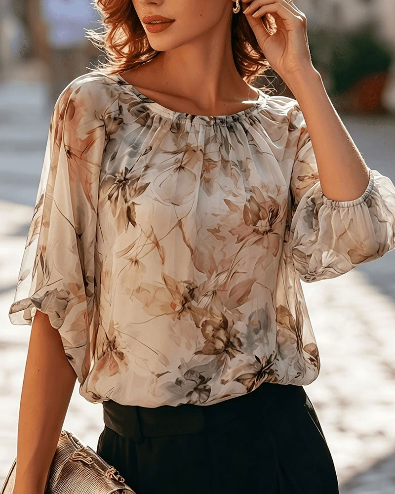 Ink Wash Floral Bubble Sleeve Blouse