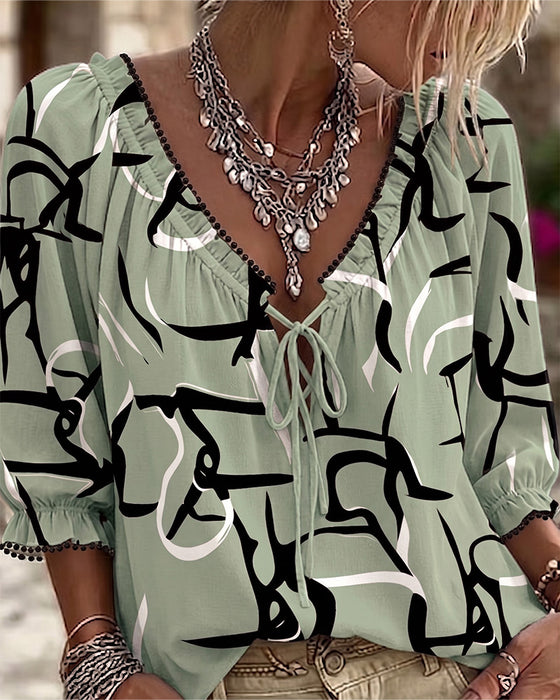 Abstract Print V-Neck Lace-Up Blouse