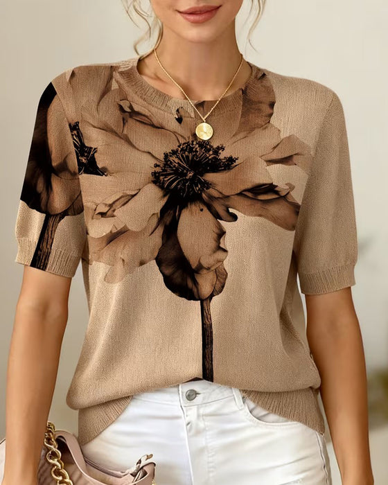 Flower Pattern Knit Short Sleeve Pullover