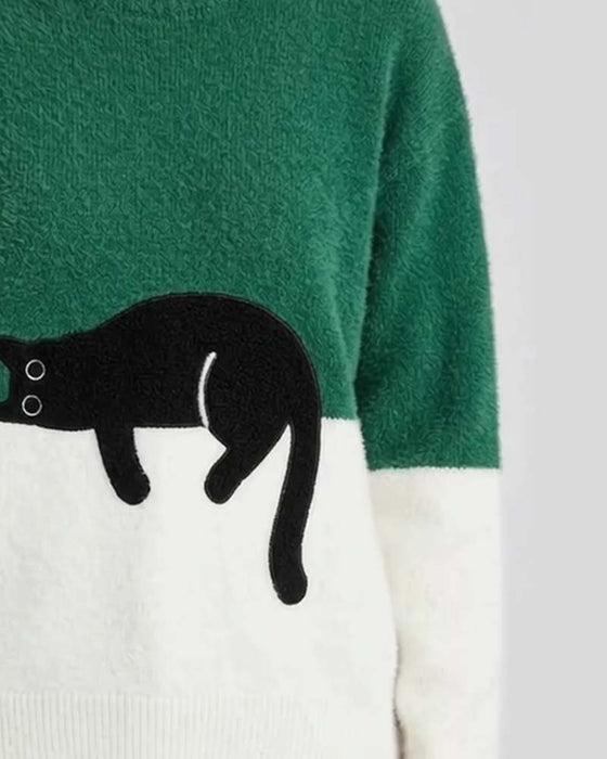 Crewneck Contrast Color Cat  Pullover