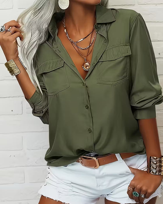 Women's Solid Color Shirt with Double Pockets