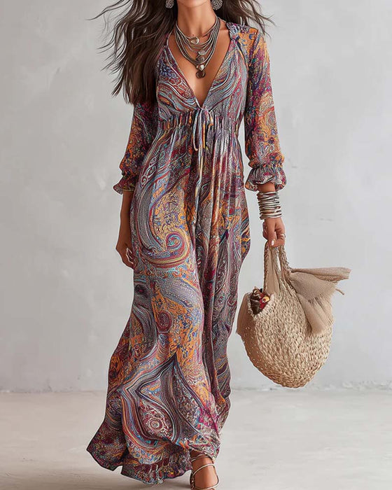 V-Neck Ruched Puff Sleeve Full Skirt Dress