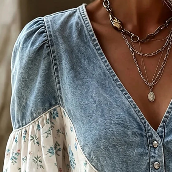 V-Neck Floral Print Puff Sleeve Denim Panel Blouse