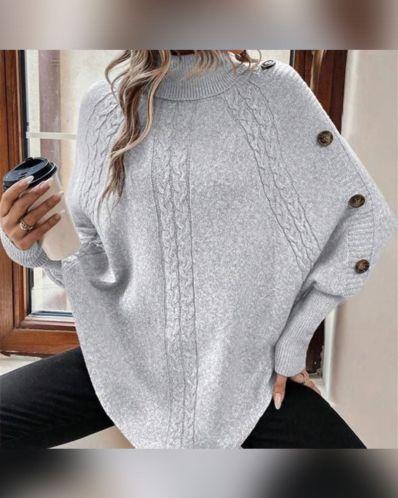 Turtleneck Irregular Cable Button Pullover