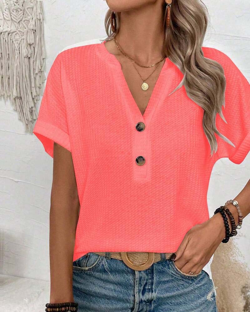Waffle V-Neck Button T-Shirt