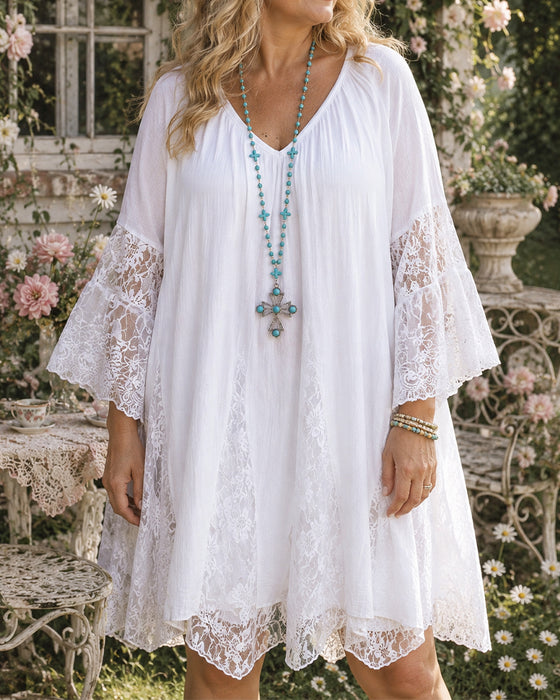 Lace Patchwork V-Neck Elegant Dress