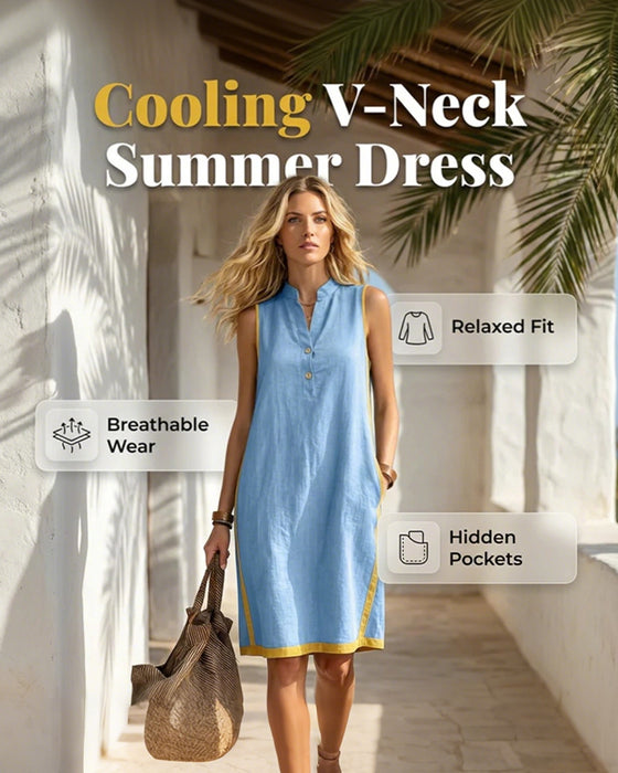 Stand Collar Button Patchwork Sleeveless Dress