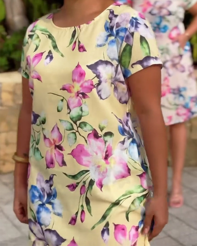 Yellow Iris Print Straight Dress