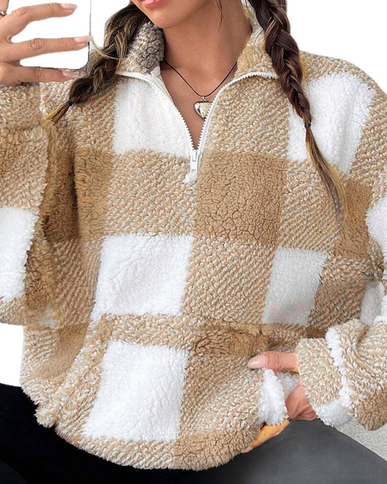 Half-Zip Stand Collar Plaid Sweatshirt