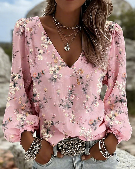 Floral V-Neck Puff-Sleeve Blouse