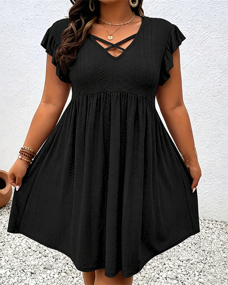 Solid Color Hollow-Out Lotus Leaf Sleeve Dress